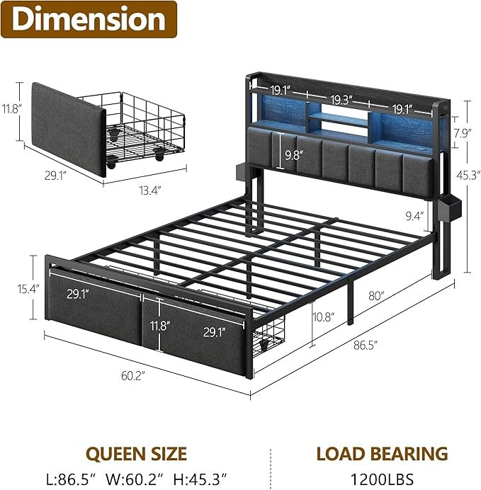 Furnulem Queen Bed Frame with Storage Drawers