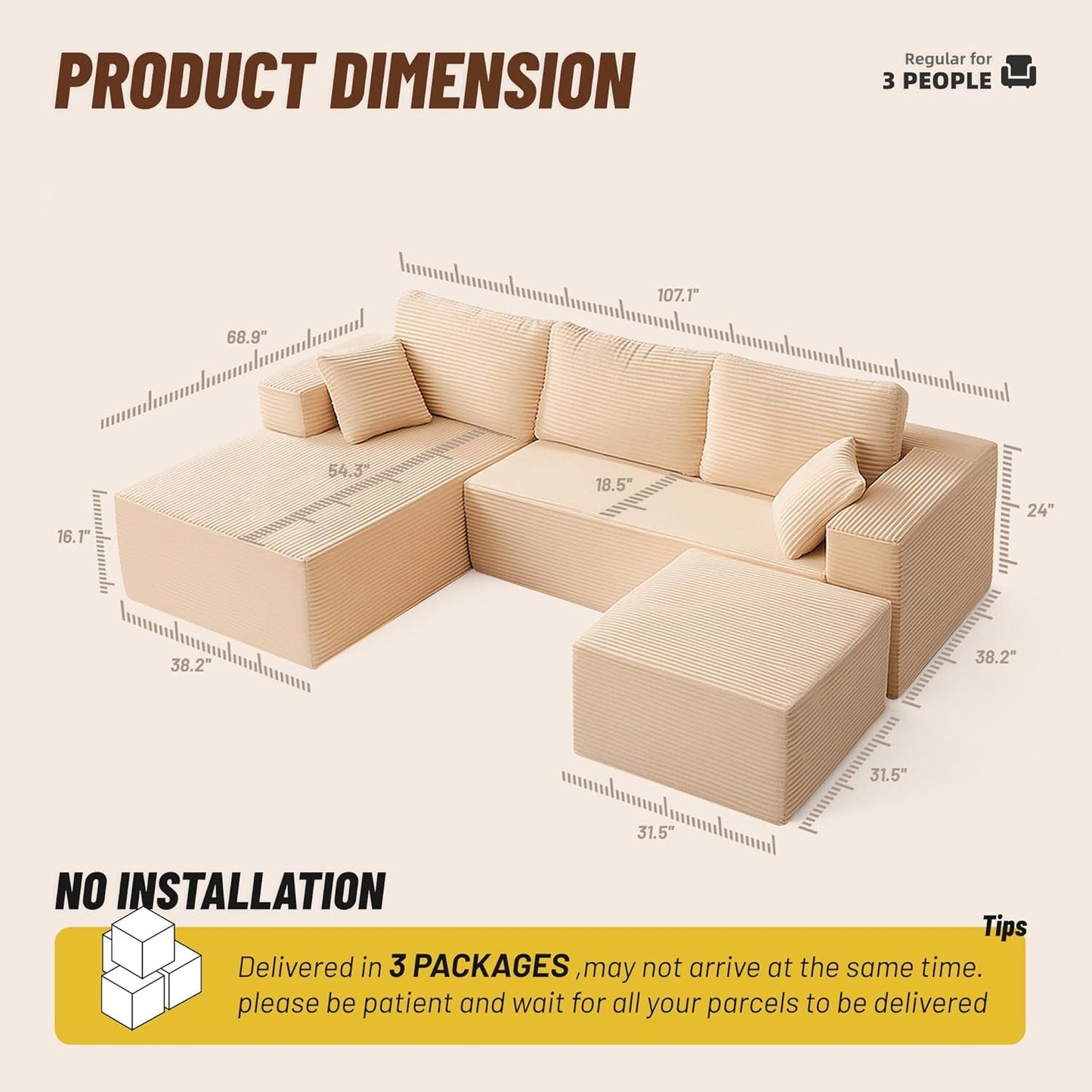 107" Boneless Couch with Deep Seat