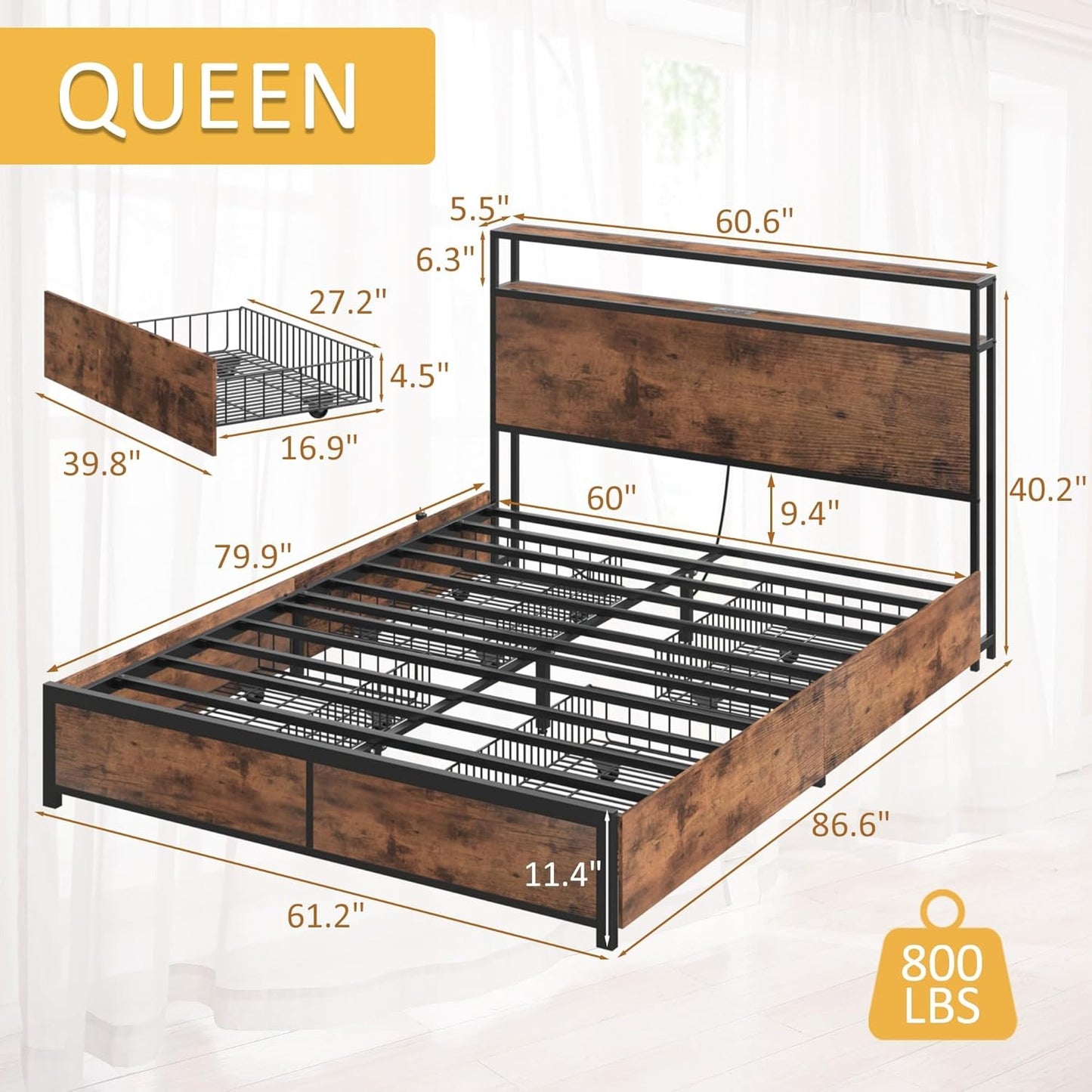 Queen Bed Frame with 2 Tier Storage Headboard