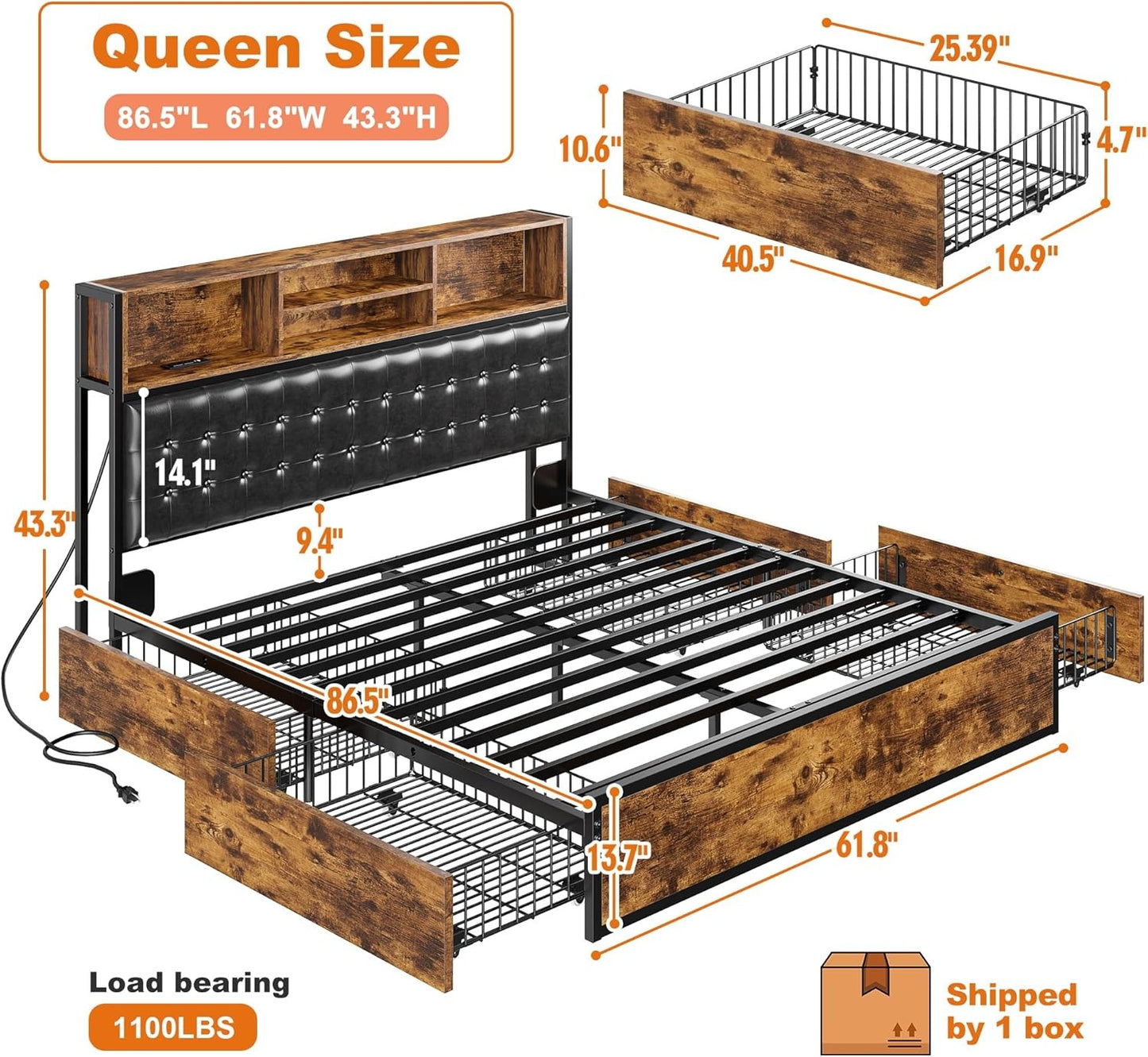 EnHomee Queen Bed Frame with 4 Storage Drawers