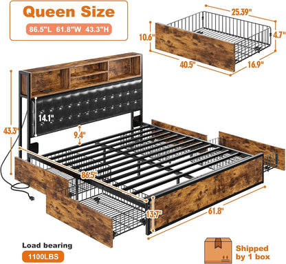 EnHomee Queen Bed Frame with 4 Storage Drawers