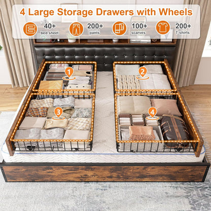 EnHomee Queen Bed Frame with 4 Storage Drawers