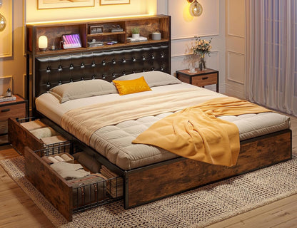EnHomee Queen Bed Frame with 4 Storage Drawers