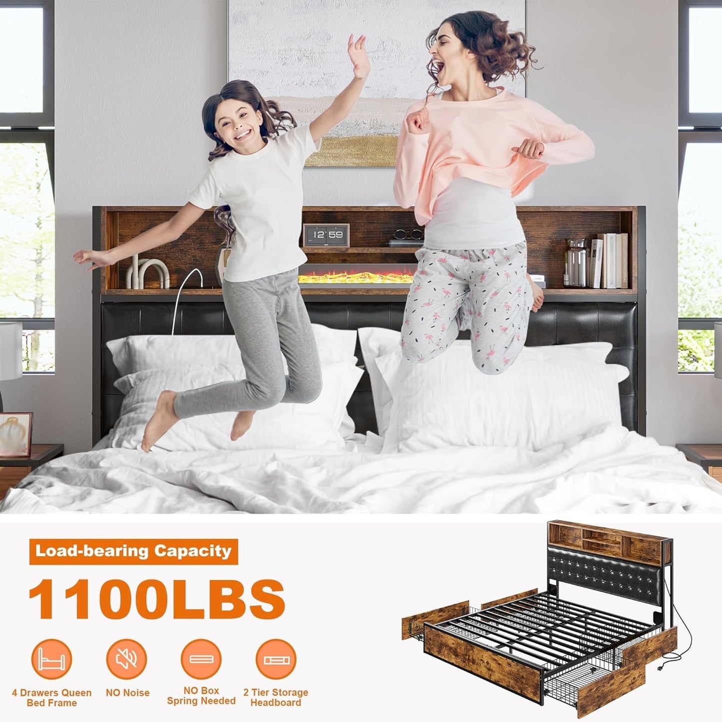 EnHomee Queen Bed Frame with 4 Storage Drawers