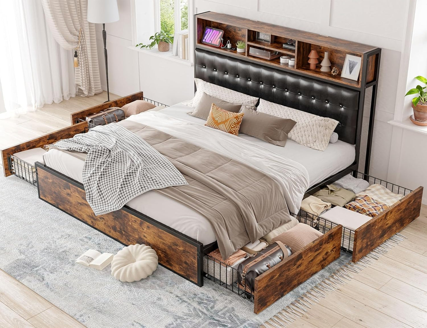 EnHomee Queen Bed Frame with 4 Storage Drawers