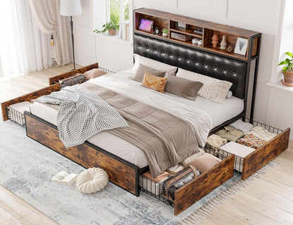 EnHomee Queen Bed Frame with 4 Storage Drawers